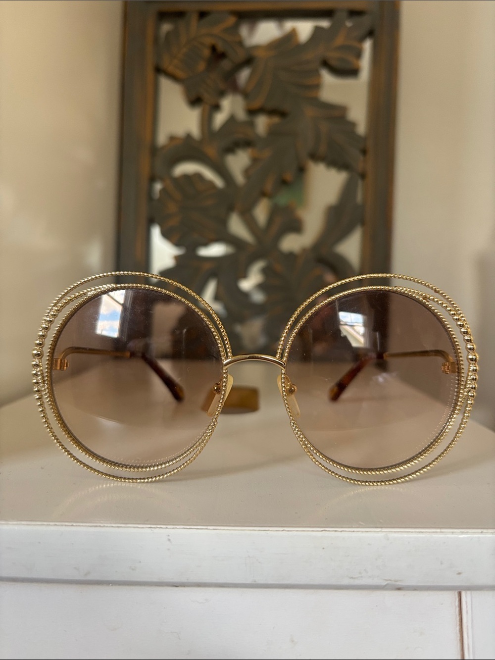 Chloe Gold Round Beaded-Edge Sunglasses with Brown Gradient Lenses
